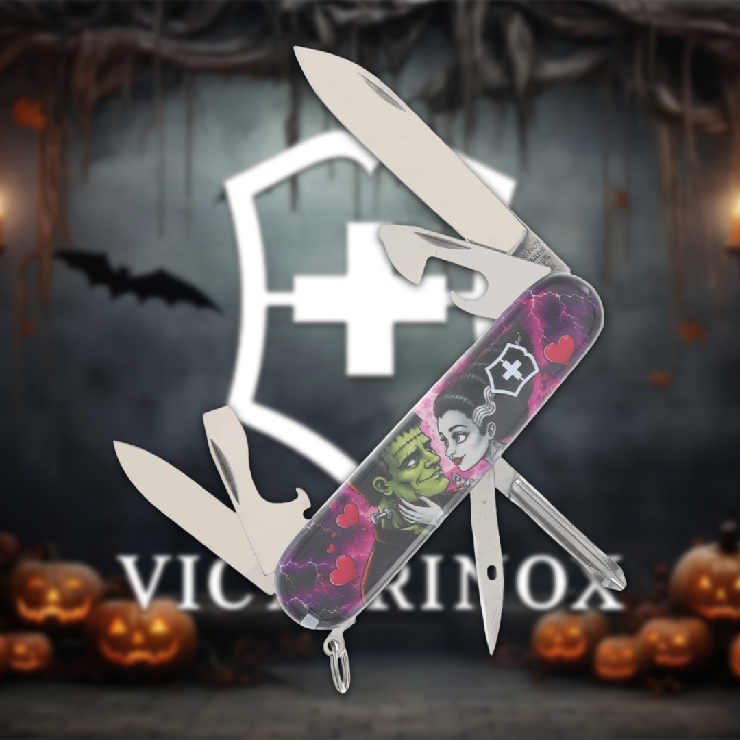 Victorinox Swiss Army knife with a colorful Halloween-themed design.