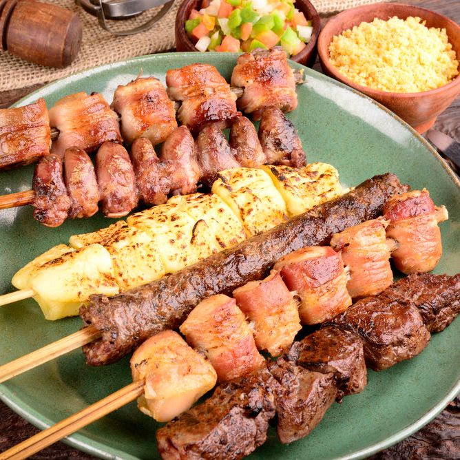 kebabs on a skewer with chicken and meat