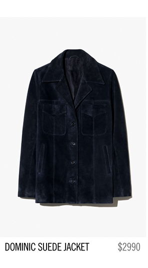 Navy suede jacket with two front pockets and button closure.