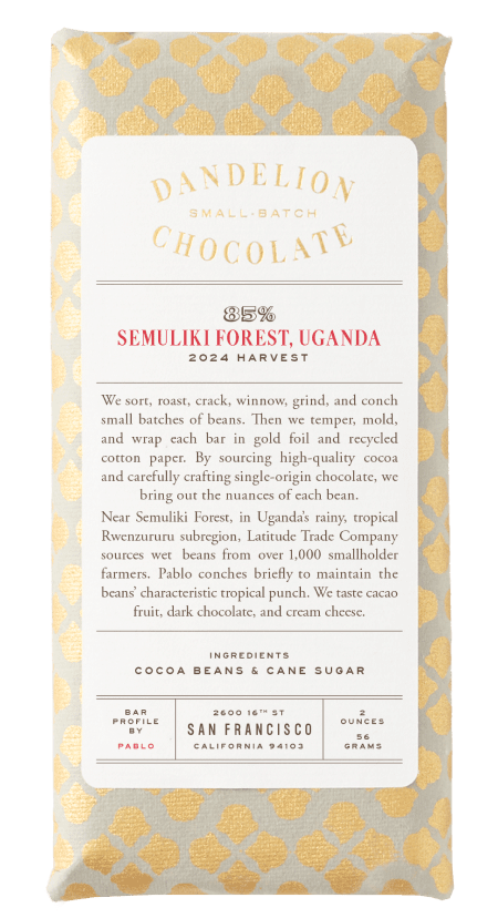 Dandelion Chocolate bar packaging from Semuliki Forest, Uganda, with ingredients listed.