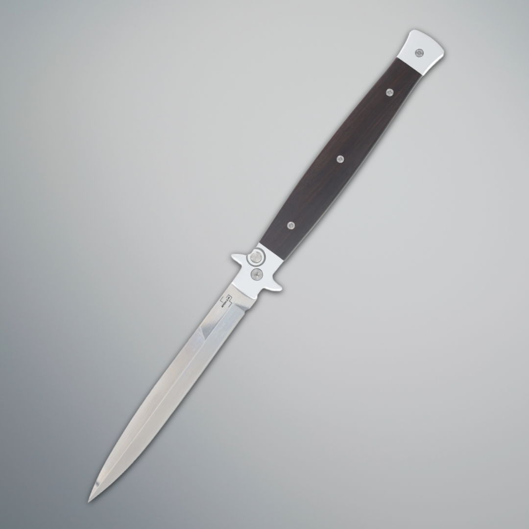 A sleek knife with a metallic blade and dark handle.
