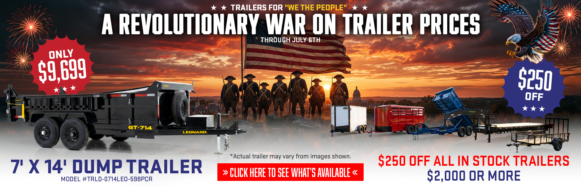 A promotional banner for discounted trailers with a patriotic theme.