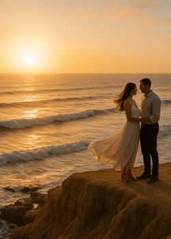 Couple celebrating their engagement by the ocean on a cliff at golden hour.