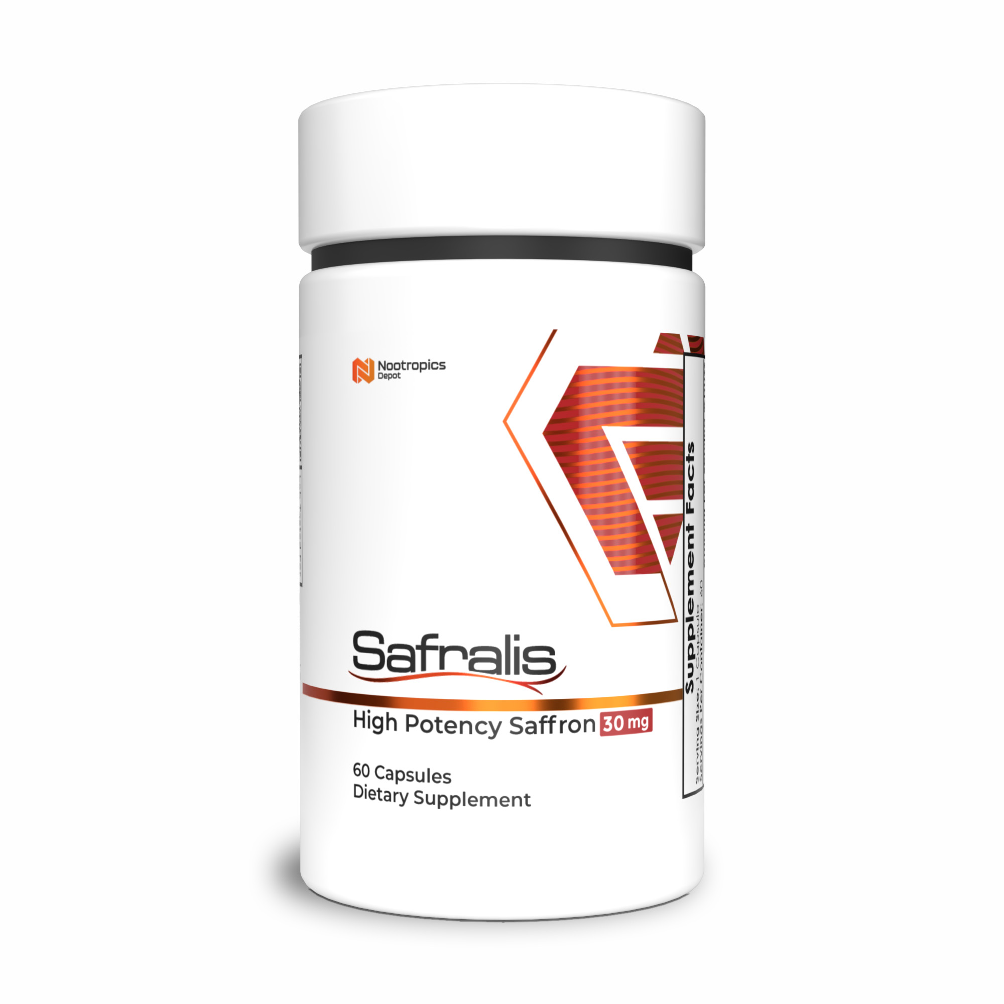 Container of Safrnalis high potency saffron dietary supplement capsules.