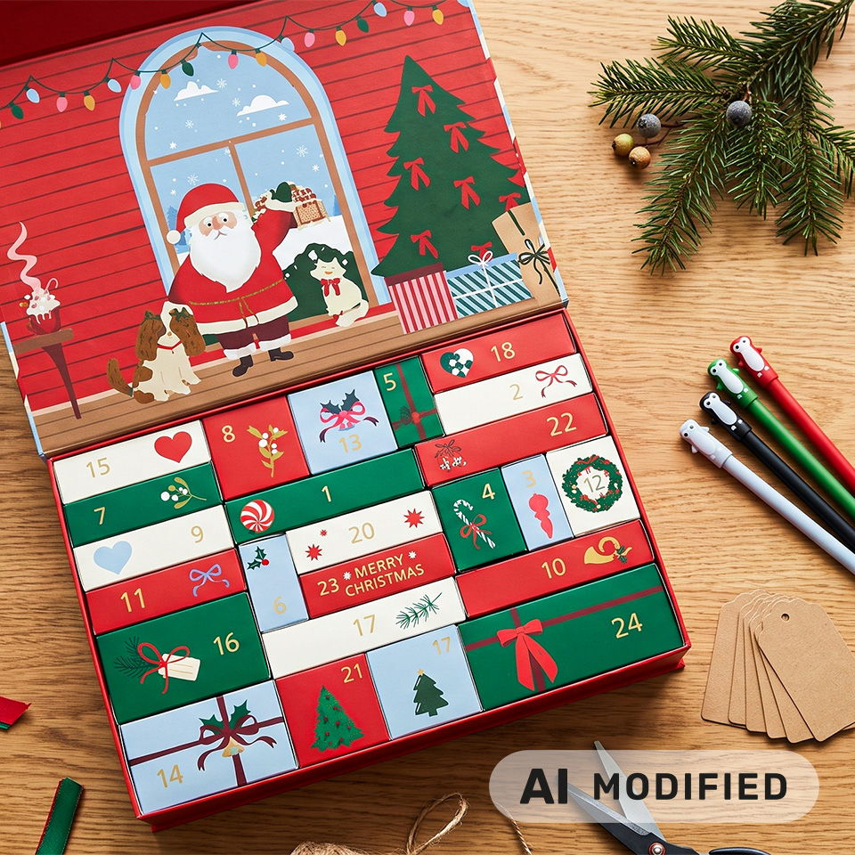 Calendrier de l'Avent coloré avec le Père Noël, des décorations de Noël et des boîtes cadeaux.