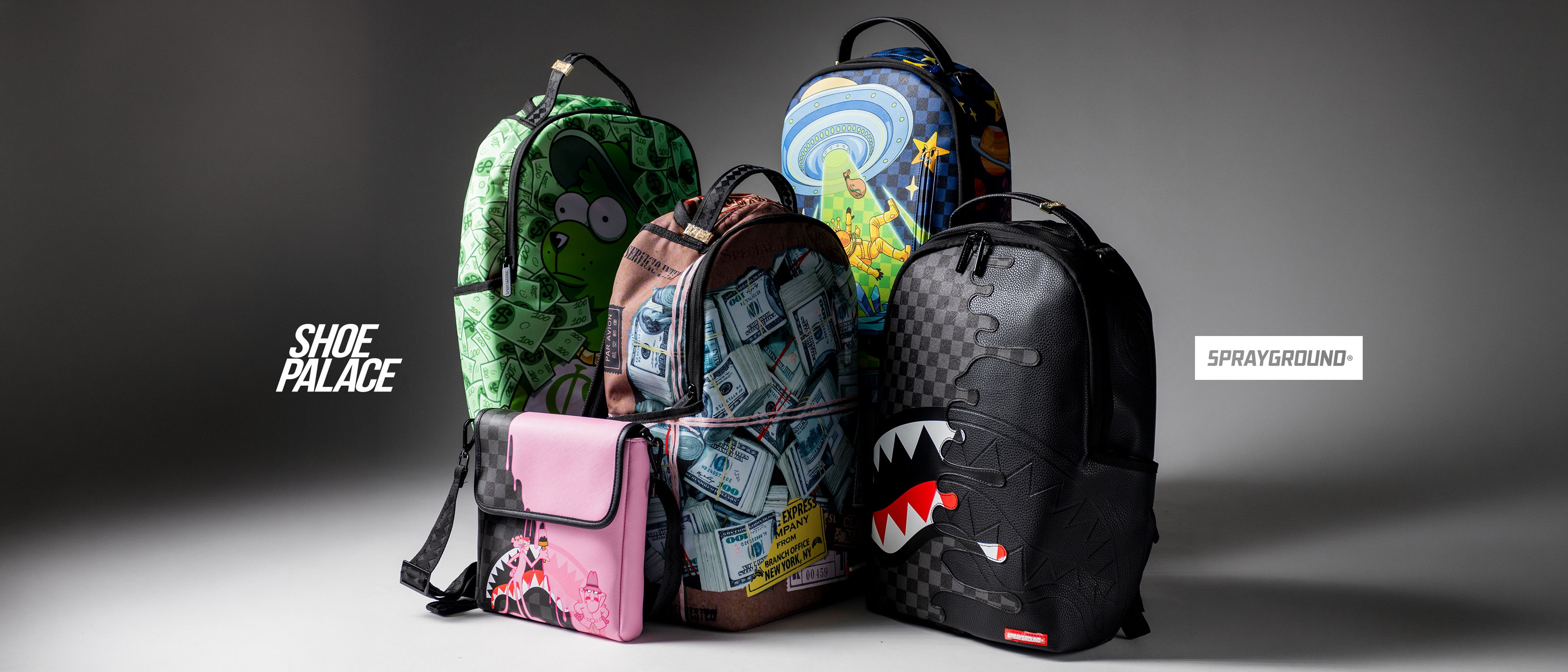 Four colorful and stylish backpacks displayed together on a gray background.