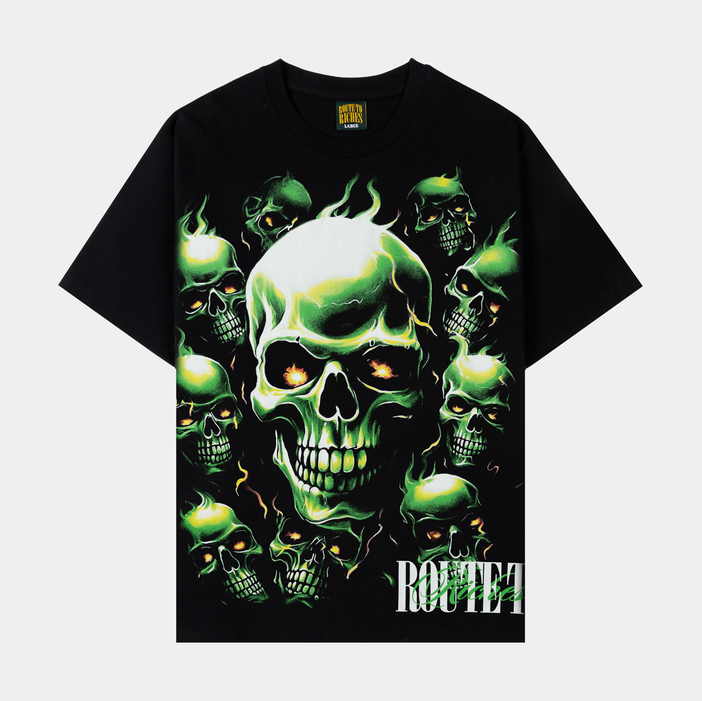 Black t-shirt with a green skull graphic design.