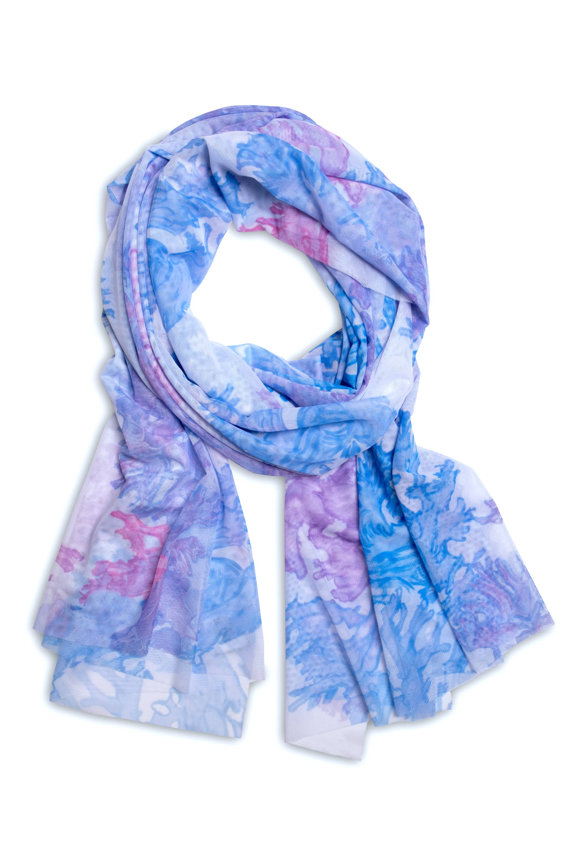 Mesh shawl scarf in a purple blue coral print by Ala von Auersperg
