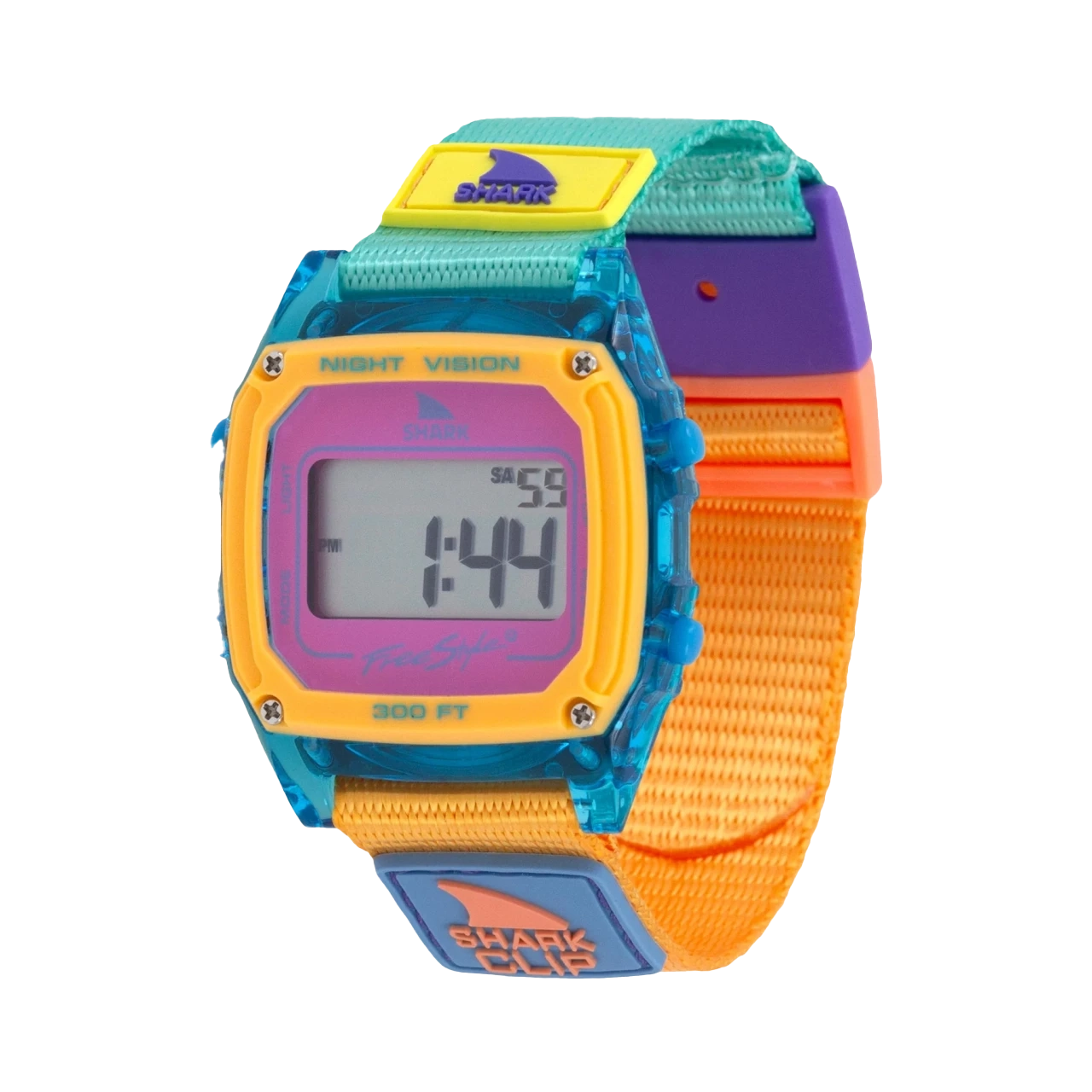 Colorful digital wristwatch with a square face and multi-colored strap.