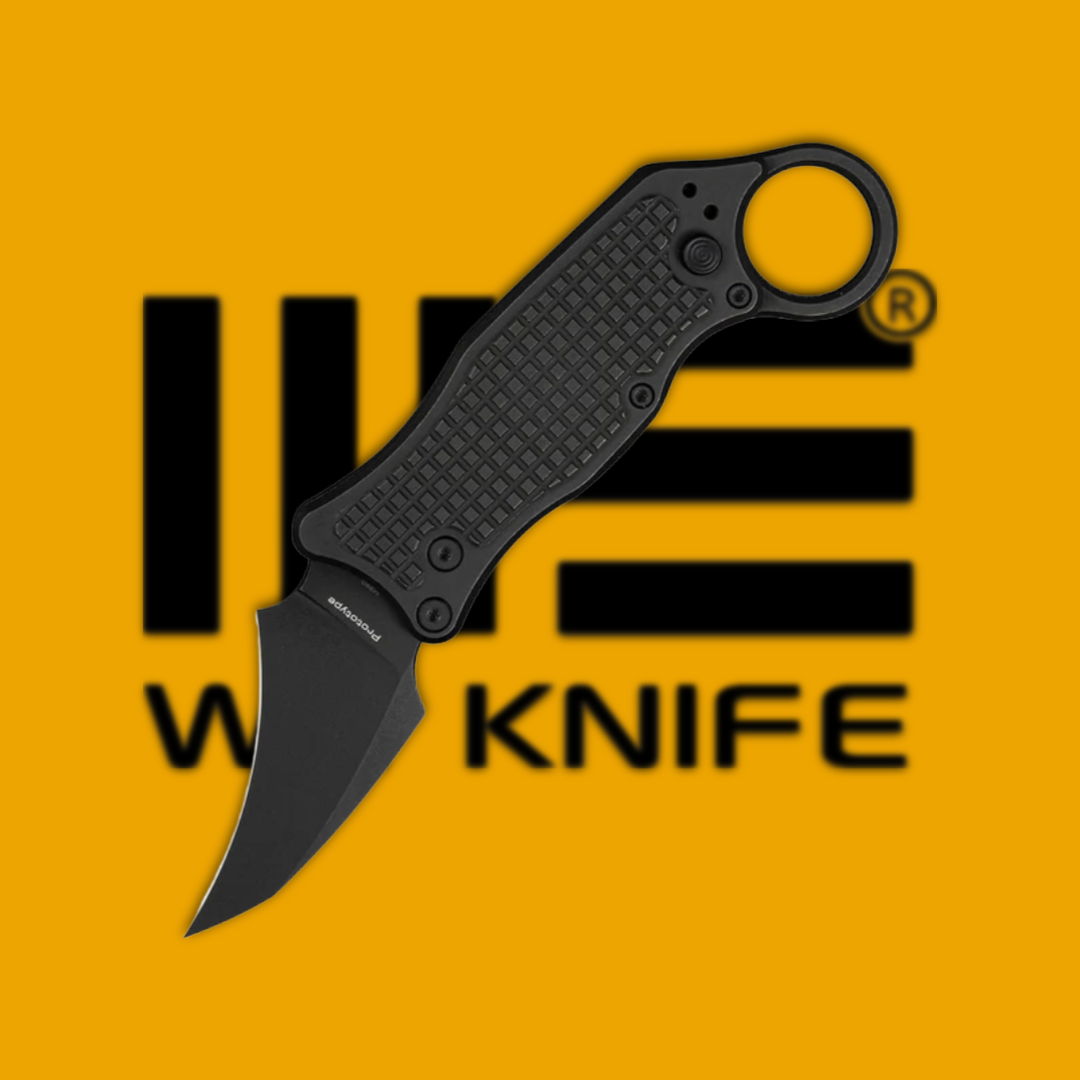 Black tactical knife on an orange background with a logo.