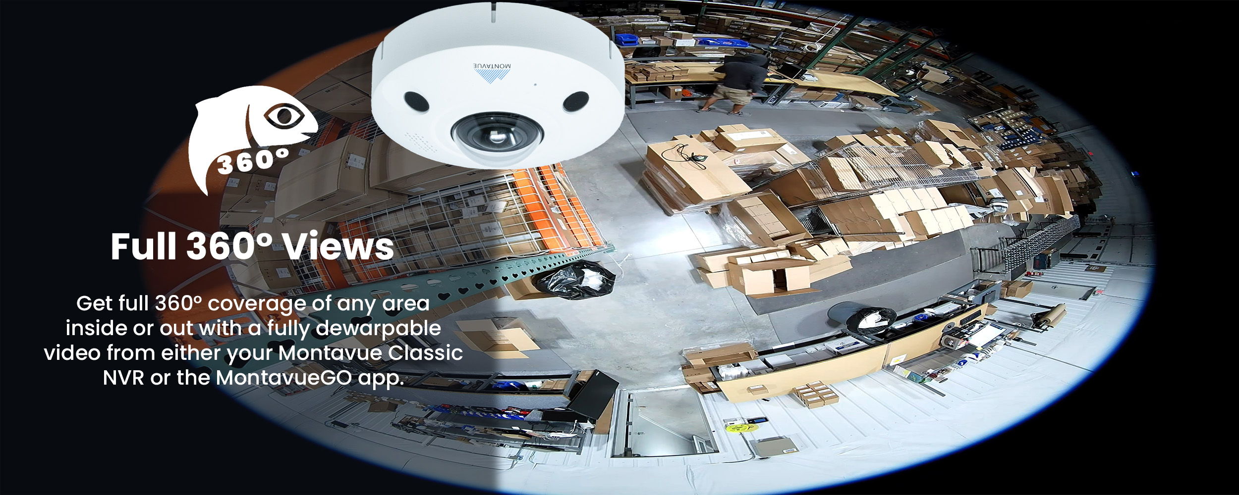 360-degree view of a warehouse with a camera overlay.