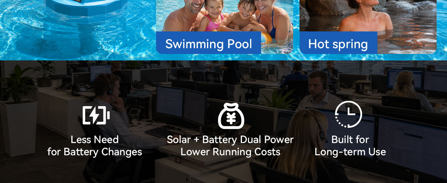 Image promoting swimming pool and hot spring features with battery efficiency benefits.