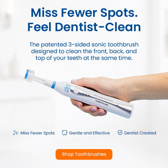 Sonic toothbrush advertisement highlighting its 3-sided cleaning design and dentist-like results.