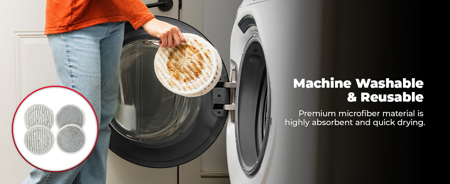 A person places machine washable and reusable mop pads into a washing machine