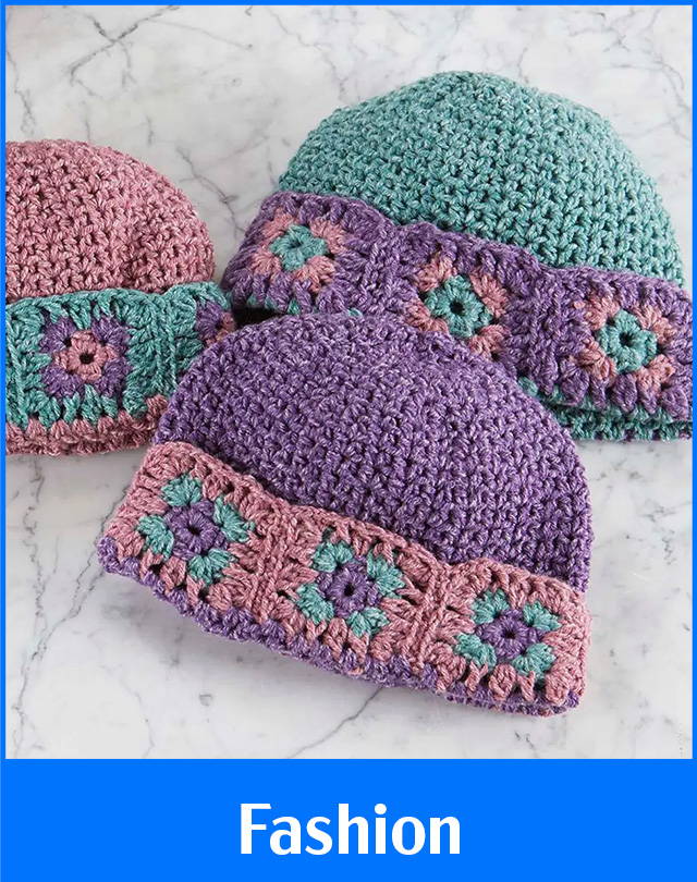 Text: Fashion. Image: Herrschners Blooming Granny Beanies Crochet Kit.