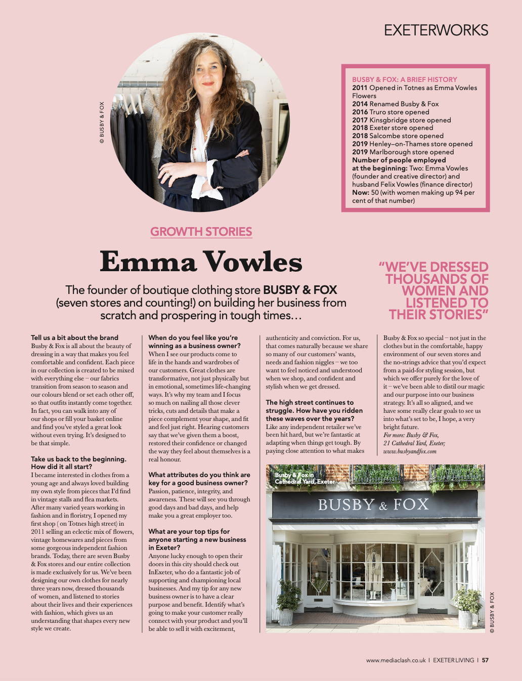An article in Exeter Living magazine's June 2023 edition featuring a interview with Emma Vowles the title - 'Growth Stories - Emma Vowles'