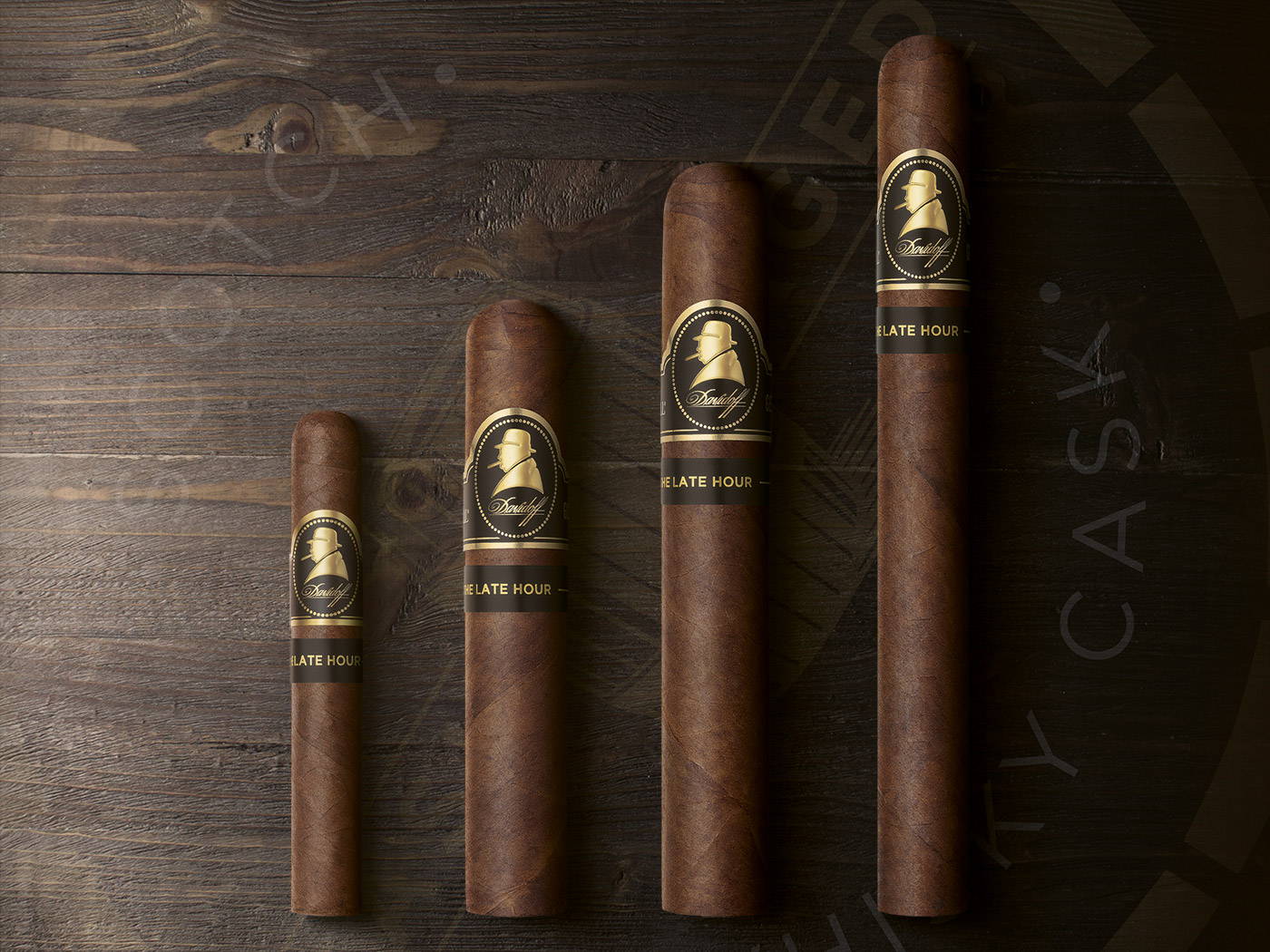 Die Zigarren der Davidoff Winston Churchill «The Late Hour Series» nebeneinander aufgestellt. Von links: Petit Panetela, Robusto, Toro, Churchill.