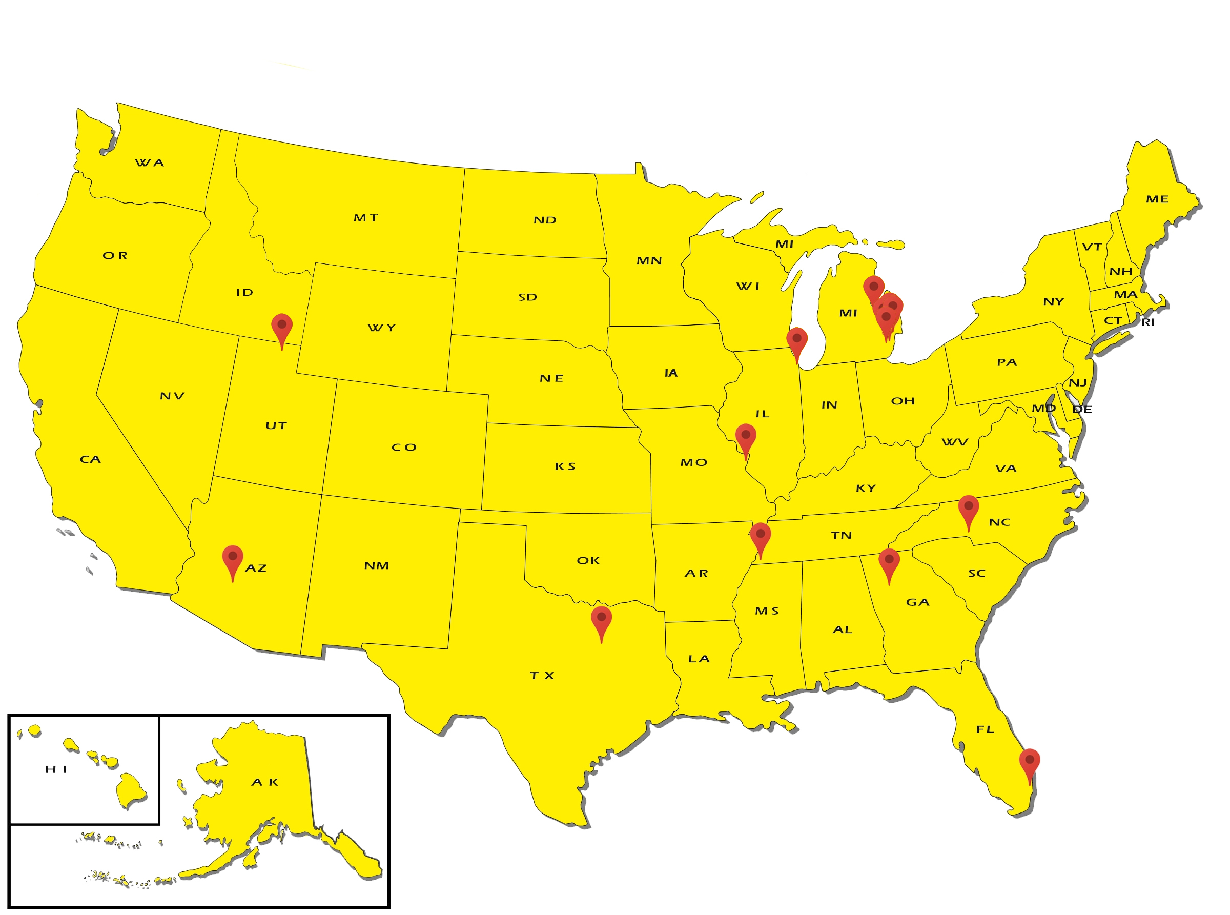 Map of the US with areas highlighted where a mezzanine was installed