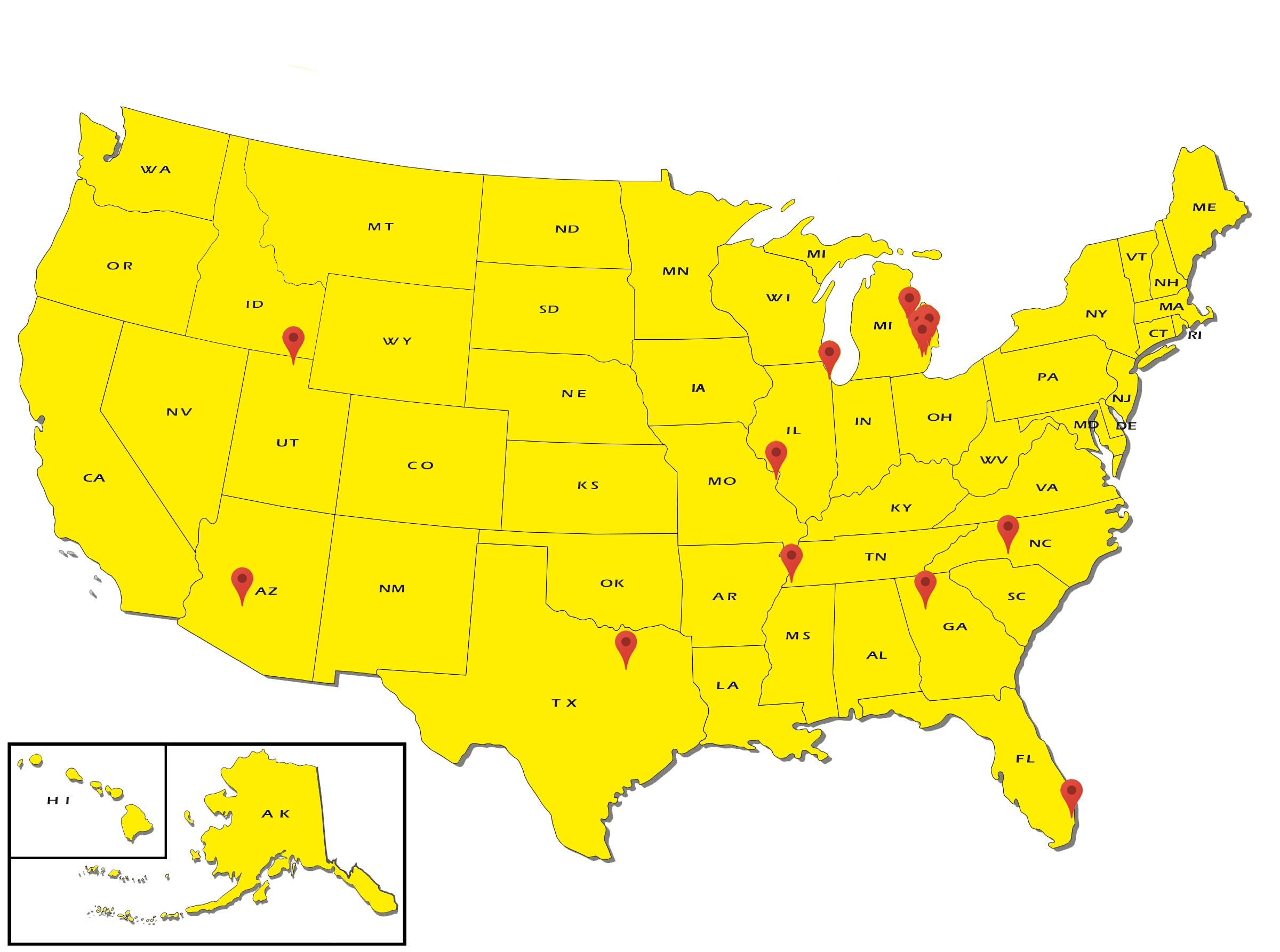 Map of the US with areas highlighted where a mezzanine was installed. Includes Detroit, Miami, Chicago and Dallas