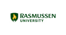 Rasmussen University logo featuring a green shield and flame icon.