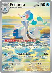 Primarina Pokémon card featuring abilities and attack information.