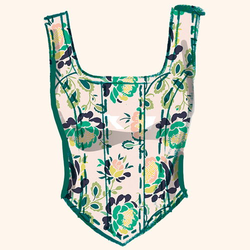 Floral-patterned corset with a structured design and green detailing.