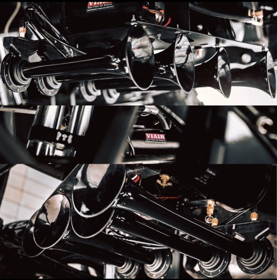 Spare tire well horn bells bracket mounting or air hardware during Conductor's Special 244K install on Micheal's Denali photo 2