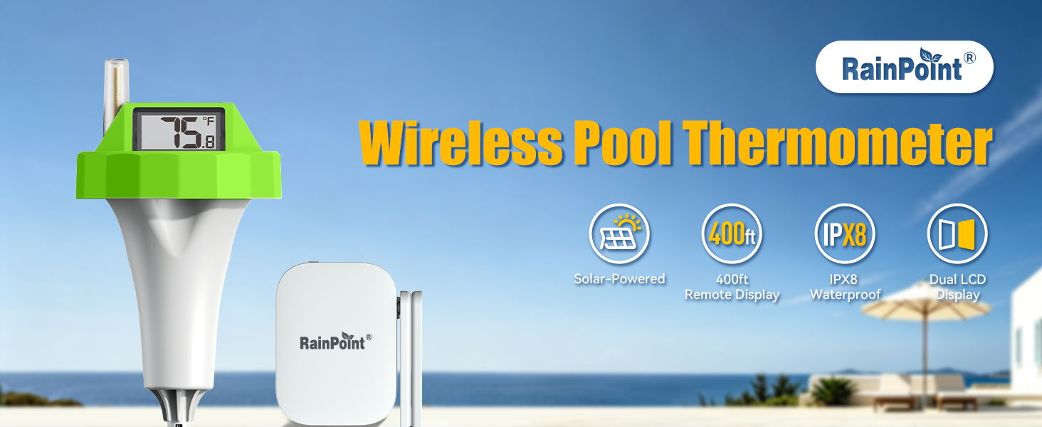 Wireless pool thermometer displayed with a serene poolside background.