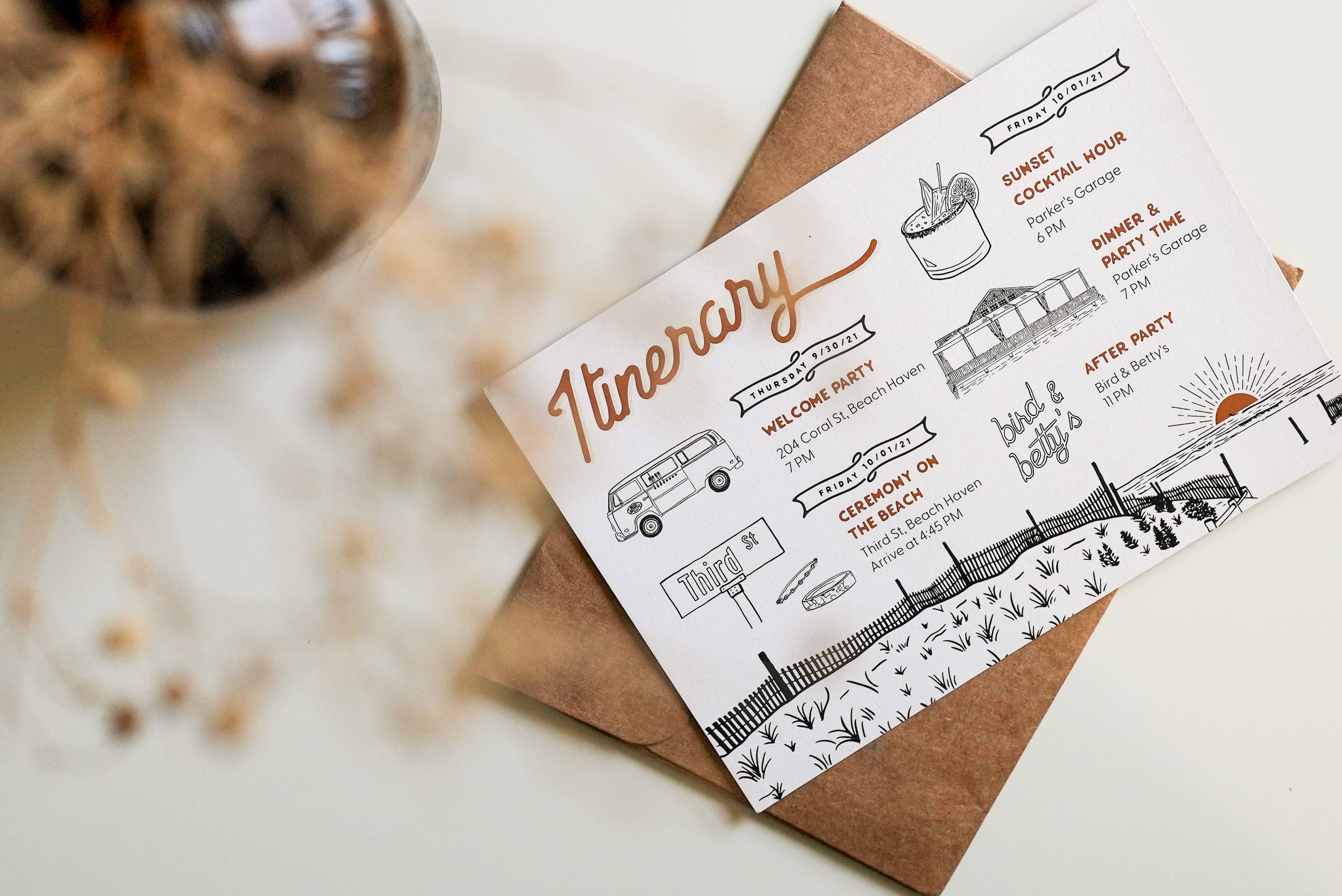 A boho wedding itinerary | Beach illustration | Bird & Betty's, Parker's Garage, Ship Bottom Brewery