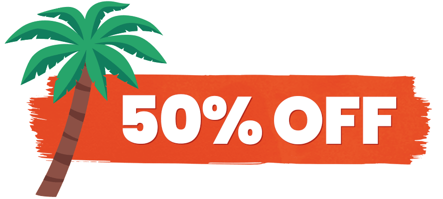 Illustration of a palm tree next to hite text against a white banner: 50% off 