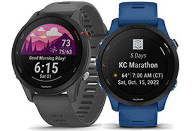The Garmin Forerunner 255 running GPS watch in tidal blue and slate gray