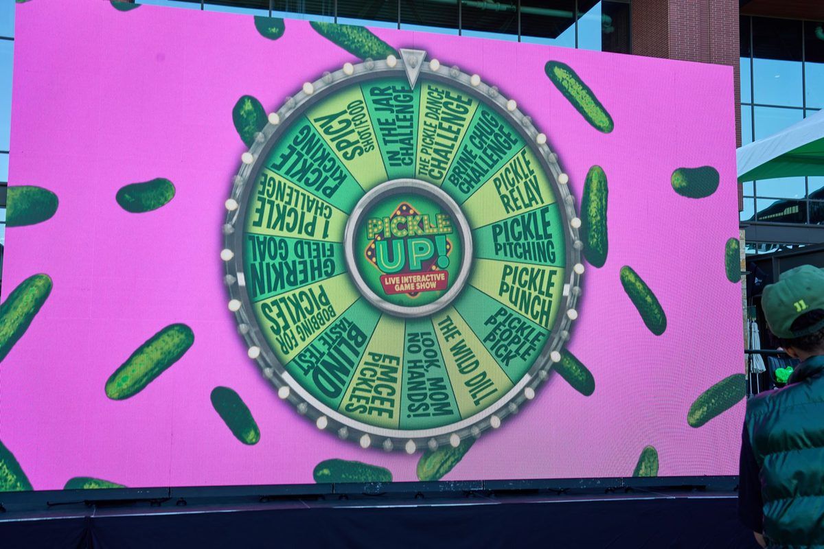 The Pickle UP! live game show wheel on the big screen at The Big Dill pickle festival at Texas Live! in Arlington Texas