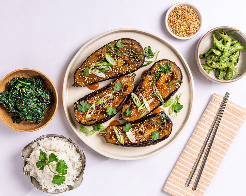 Miso Dengaku Aubergine with Steamed Rice & Tahini-dressed Spinach
