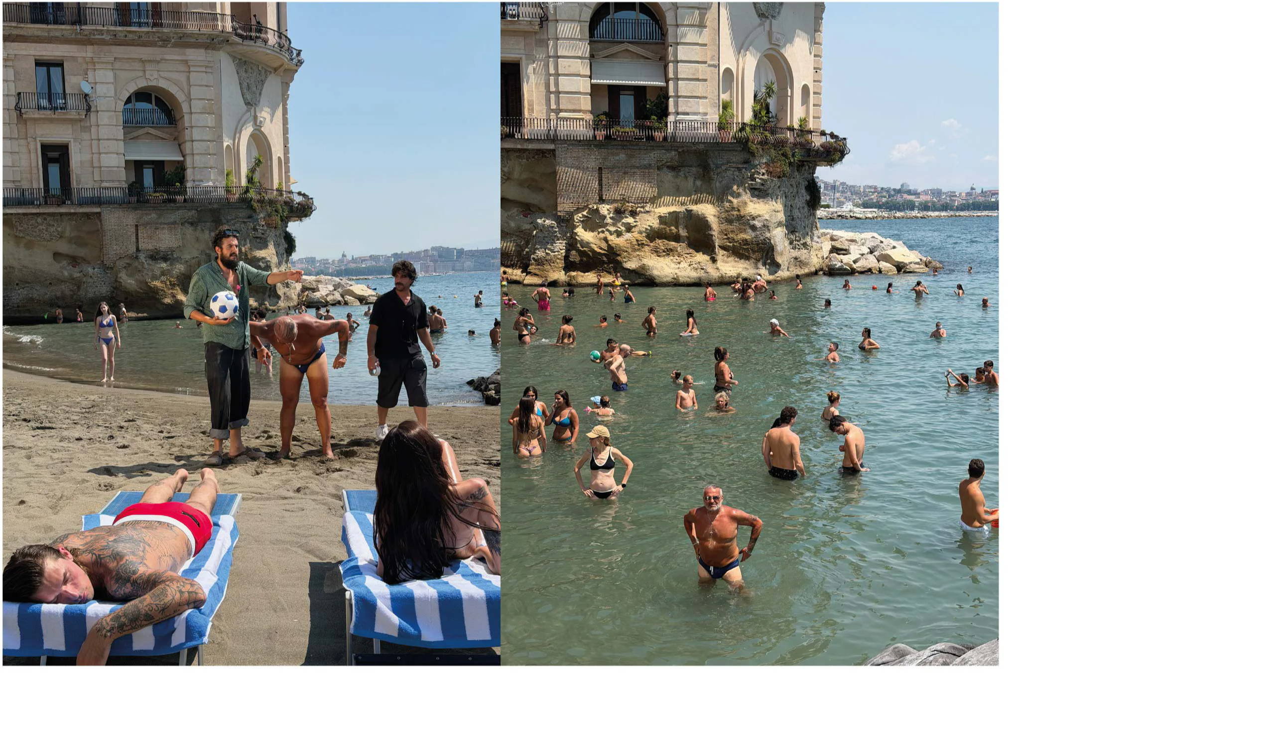 People enjoying a beach day with swimming and sunbathing activities.