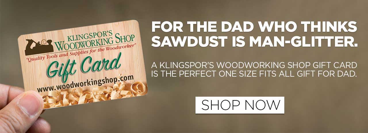 Gift card for woodworking shop with humorous text about dads.