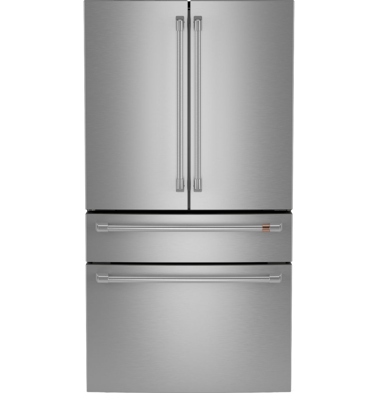 Stainless steel French door refrigerator with bottom freezer.