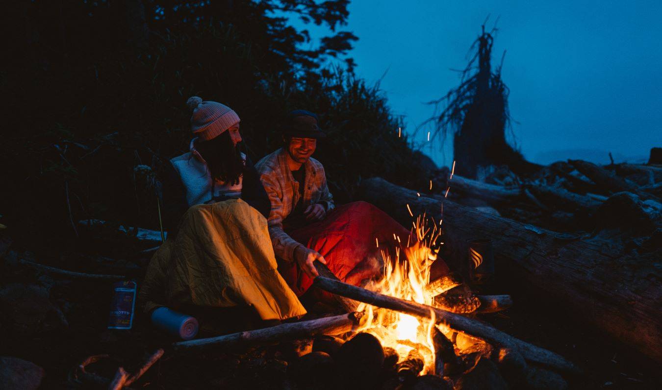 Two people sitting by a fire at night