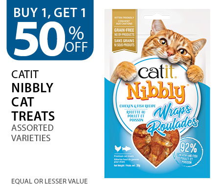 Buy 1, get 1 50% off Catit Nibbly Cat Treats. Equal or lesser value