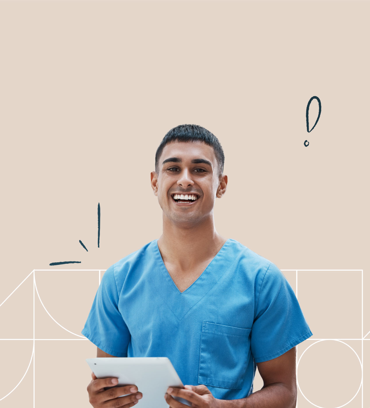 male nurse smiling while holding a tablet with some decorative designs behind him