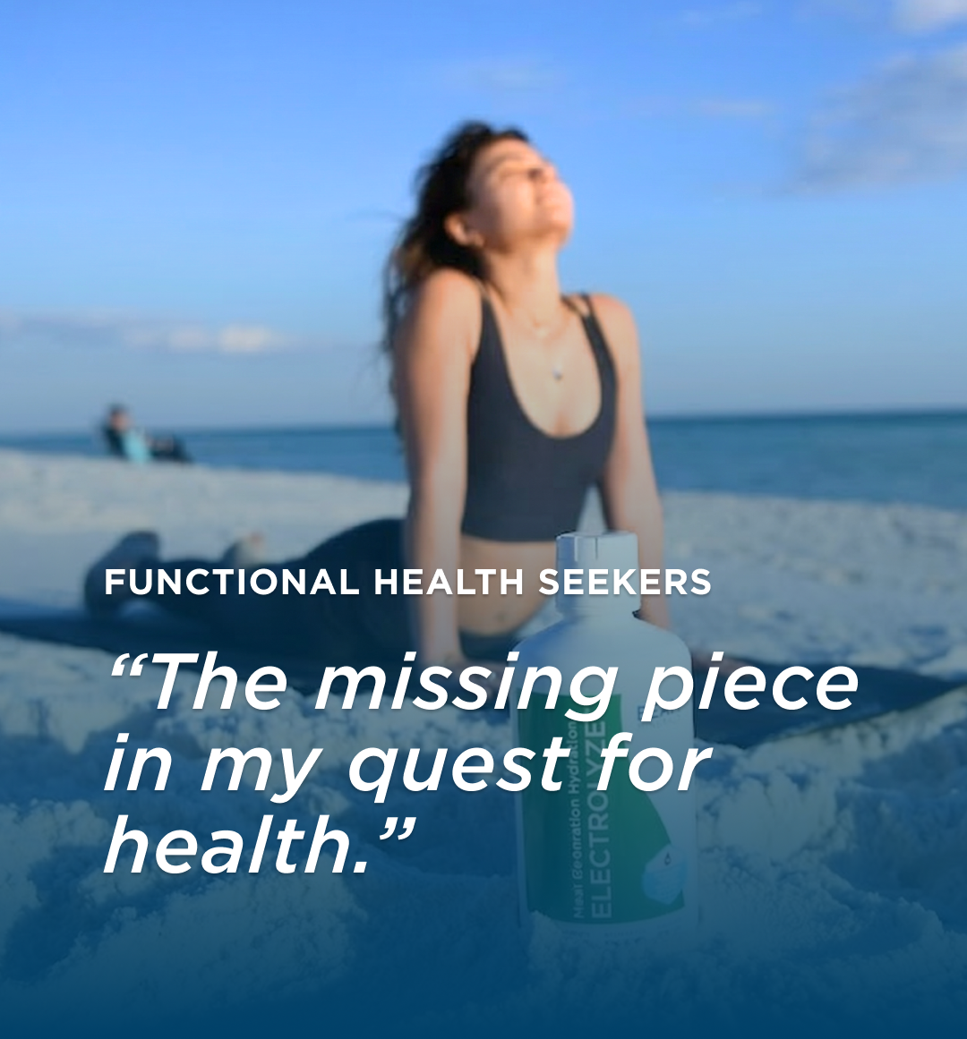 Person meditating on the beach with a health-related quote.
