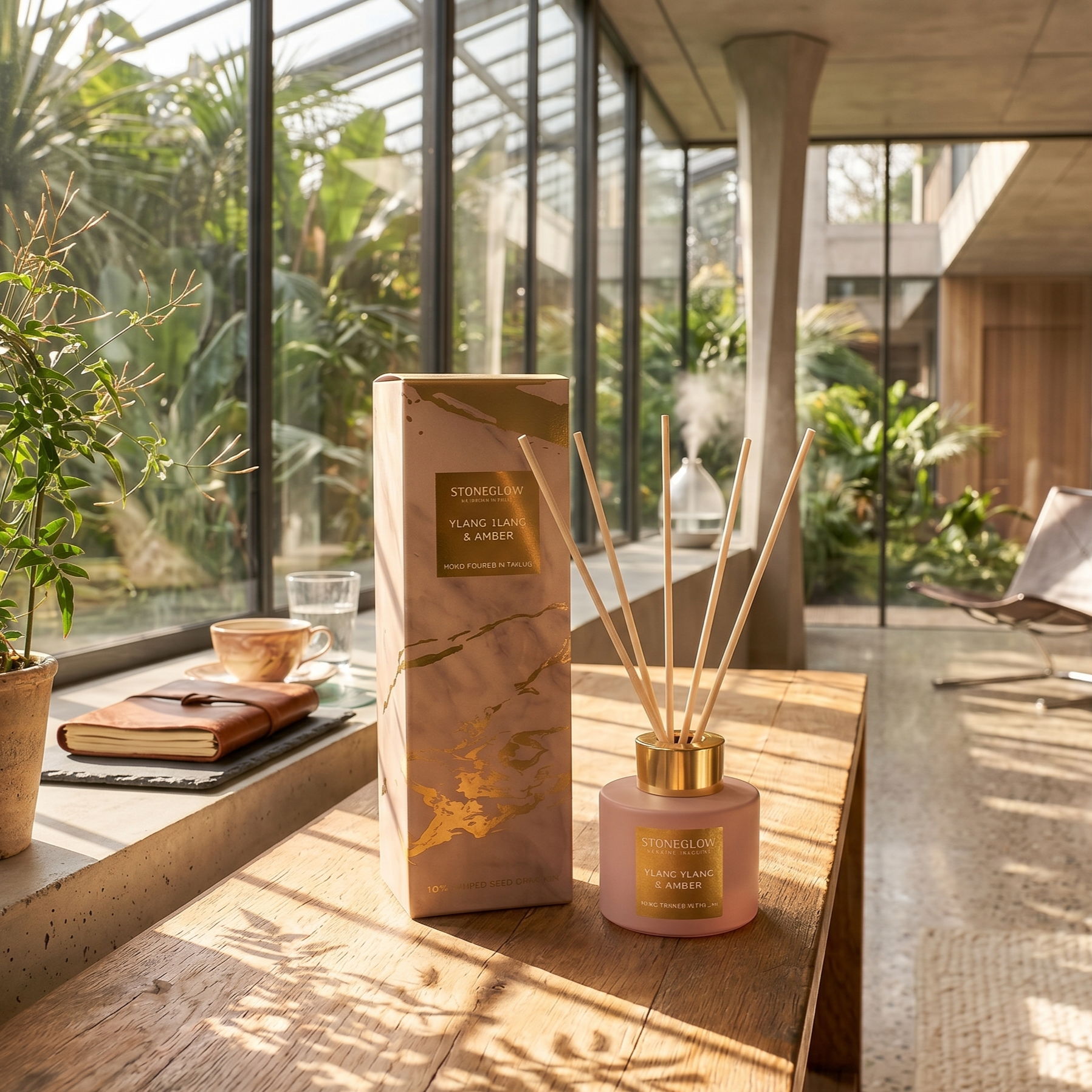A diffuser and packaging on a wooden table in a sunlit, plant-filled room.