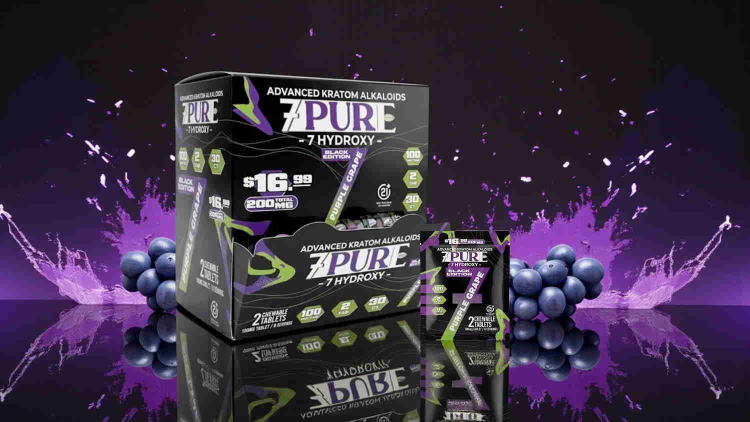 Box of energy supplement with purple design and berries in the background.