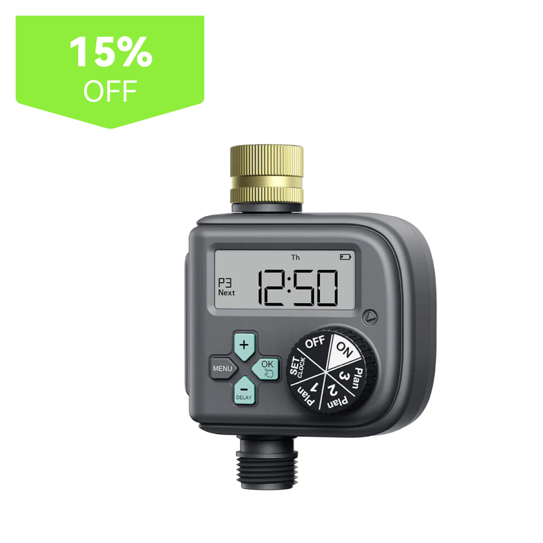 Digital water timer with display and control buttons, 15% off tag.