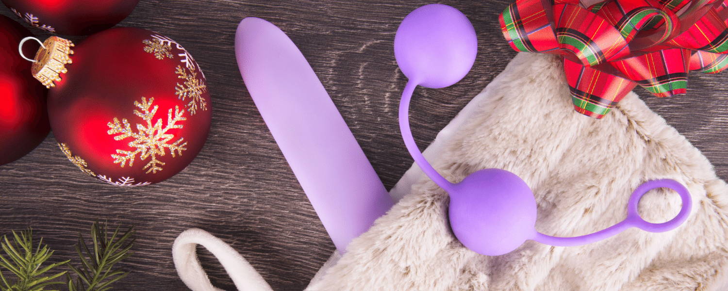 Bright purple vibrator and kegel ball set stuffed in a stocking
