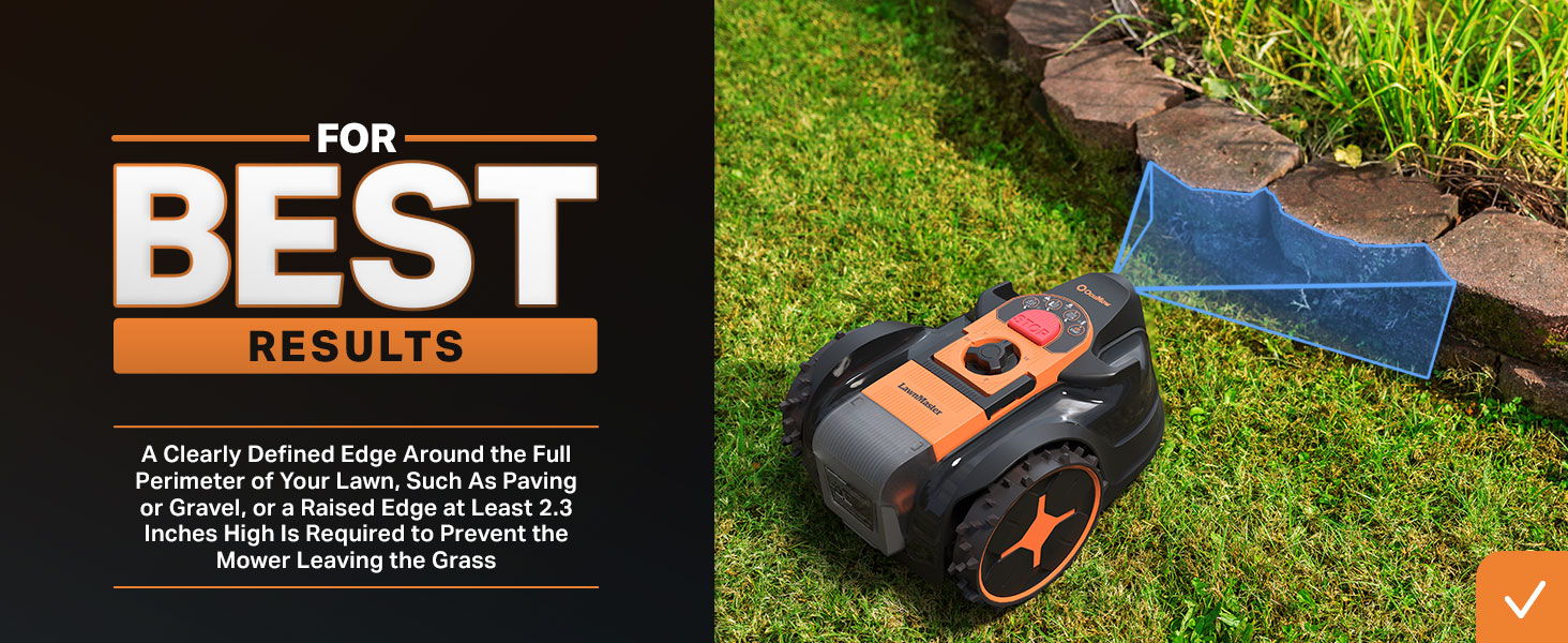 Robot mower approaching a barrier. Text explaining how to get the best results.