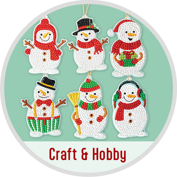 Six decorative snowmen in various outfits and accessories on a green background. Quick to Make Craft & Hobby