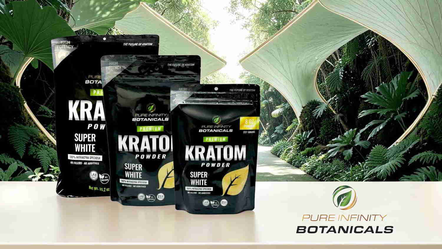 Three packages of Kratom products on a table with botanical background.