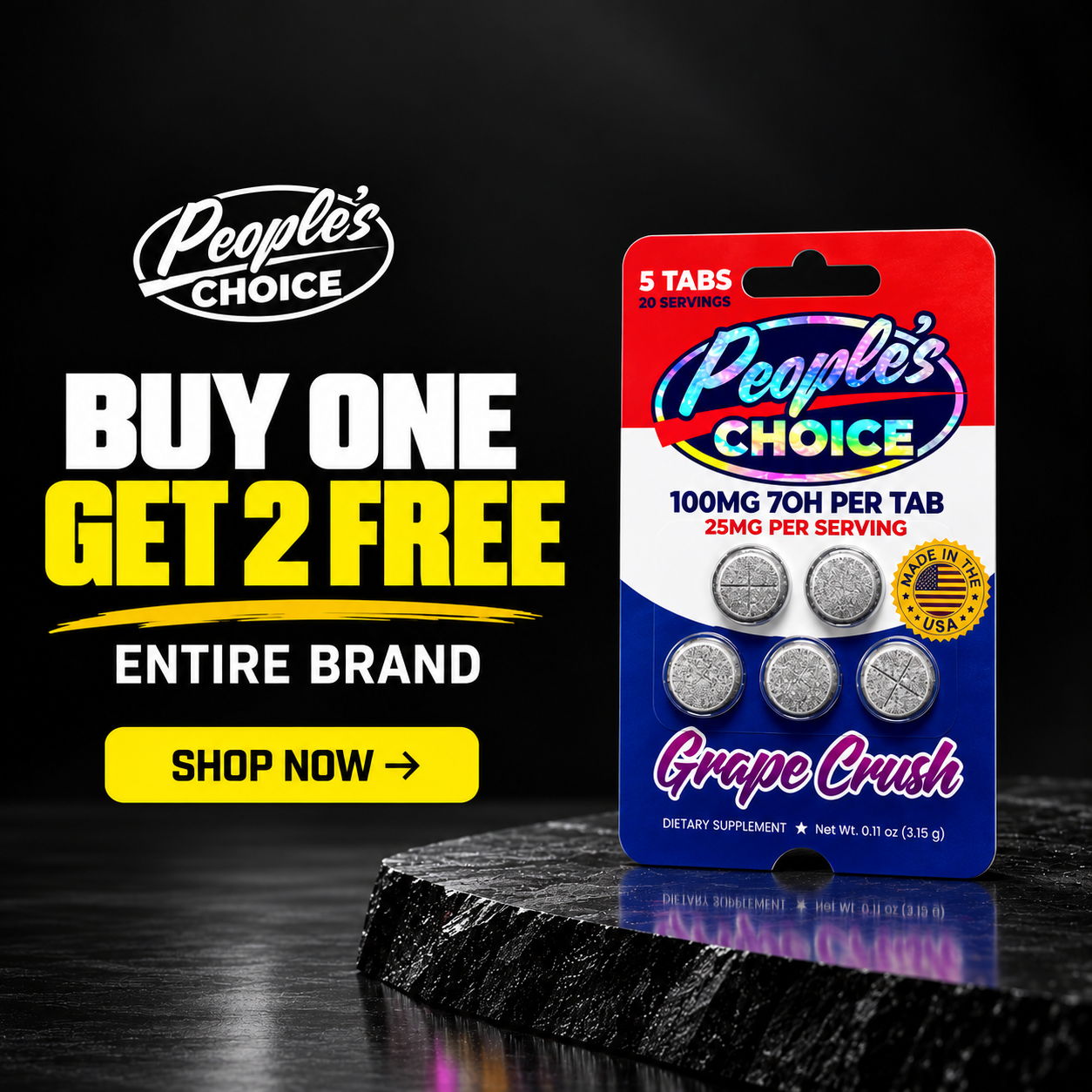 Promotional image for People's Choice grape-flavored product with a buy one, get two free offer.