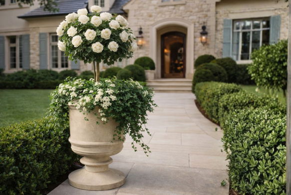Stone pathway leading to a house, adorned with a floral planter.
