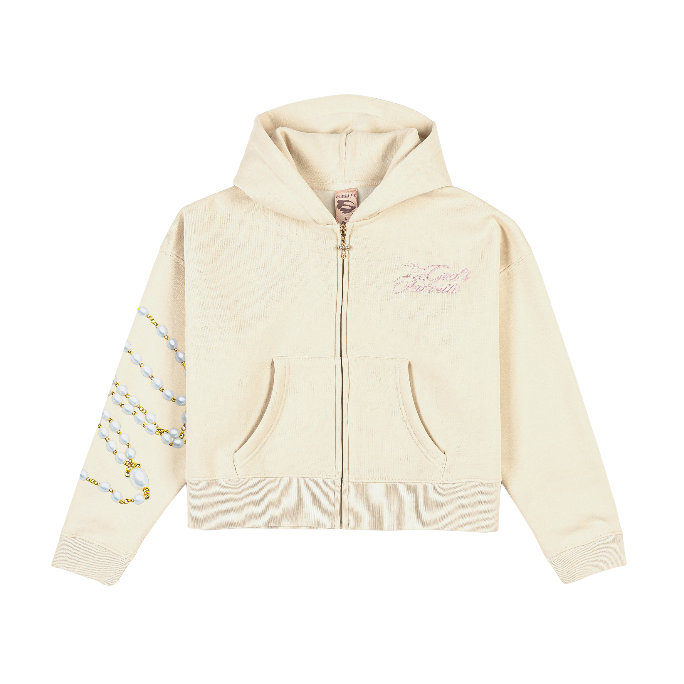 Cream zip-up hoodie with decorative embroidery and pockets.